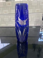 Czecho-slovakian Cobalt Crystal Vase Sterling Silver Etching Karly Vary Post-WWI