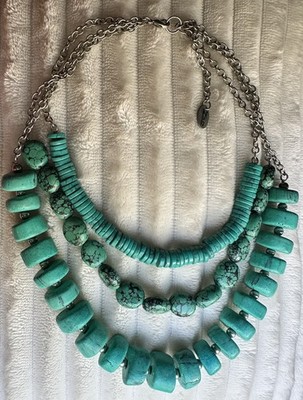 ZAD Turquoise Color & Silver Layer Bib Triple Strand Boho Western Necklace EUC
