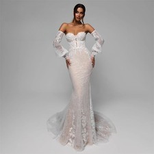 Sweetheart Mermaid Wedding Dress Sweep Train Detachable Sleeve Appliques Sequin