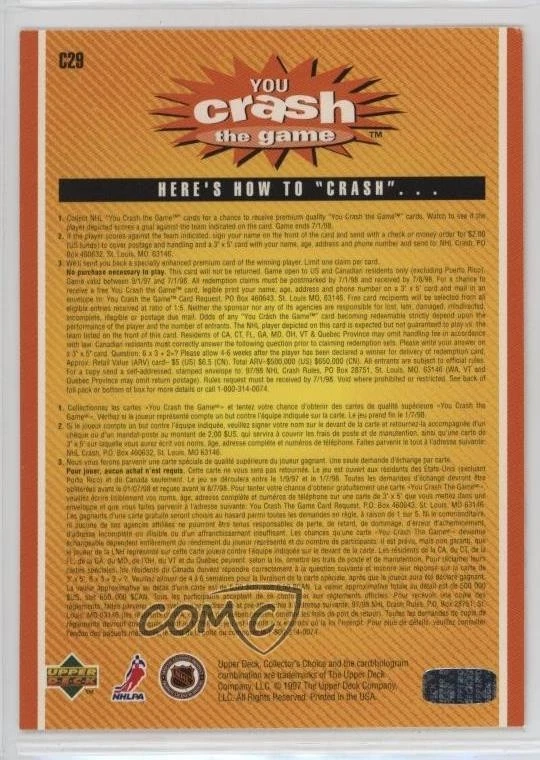 1997-98 Collector's Choice You Crash the Game Jarome Iginla (vs Washington) HOF - Image 2 of 2