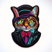 Cat Patch Iron-on Applique Clothing Steam Punk Feline Top Hat Regal Cosplay