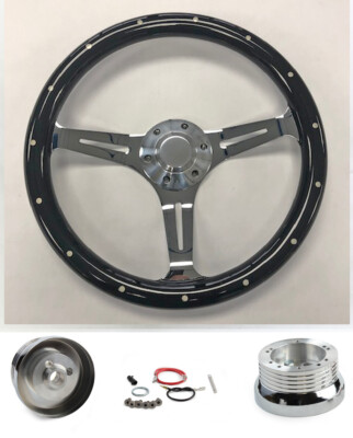 1970-77 Mercury Comet Cougar Montego 15'' Black Wood Steering Wheel on Chrome