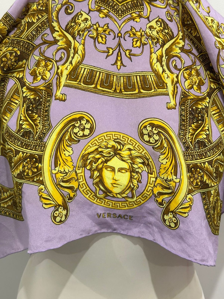 ATELIER VERSACE 大判シルクスカーフ メデューサ バロック柄 紫 S11# Versace rectangle purple Silk Scarf made in italy 68/25 inch