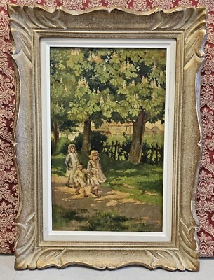 1904 Oil Painting CHILDREN WALKING UNDER CHESTNUT TREES by R.E. CLARKE England