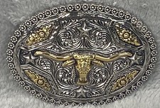 Texas Longhorn Silver  Gold Tone Oval Belt Buckle 4" x 3" for Belt 1-1/2"