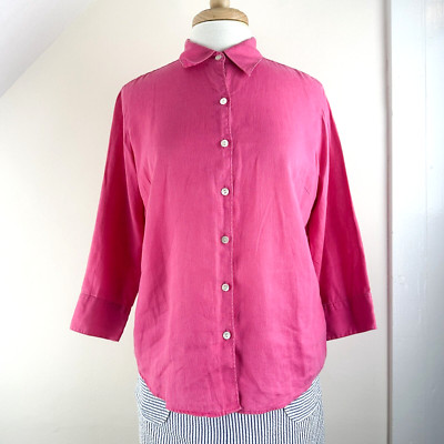 LLBean Women's M Linen Pink Collared Shirt, 3/4 Sleeve, Button Up, Spring Easter