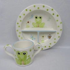 The Mane Lion Ceramic Baby Frog Children's 8" Divided Plate & Cup  Made in Italy