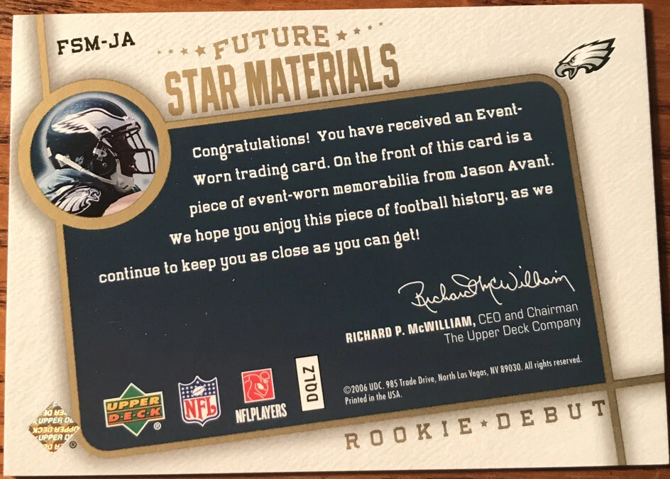 2006 UD Rookie Debut Future Star Materials GOLD Jason Avant FSM-JA #’d 052/125 - Image 2 of 2