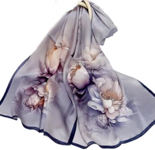 100% Silk Scarf Women neckerchief long Shawl Wrap Floral purple gray red HD1-151