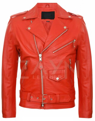 Men's Classic Red Jacket Real Lambskin Leather Motorcycle Biker Belted Zip Coat