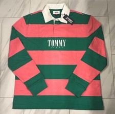 Tommy Hilfiger Men's Colorblock Striped Rugby Polo Long Sleeve Shirt Pink Green