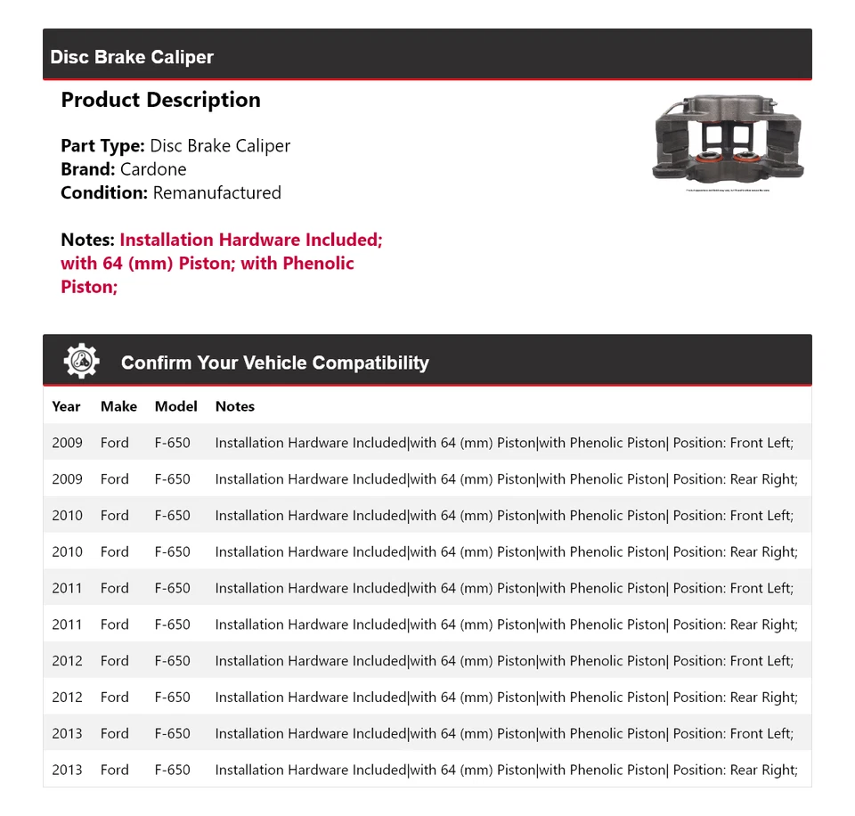 Pinza de freno de disco Cardone para Ford F-650 2009-2013 2010 2011 2012 Foto 2 de 4
