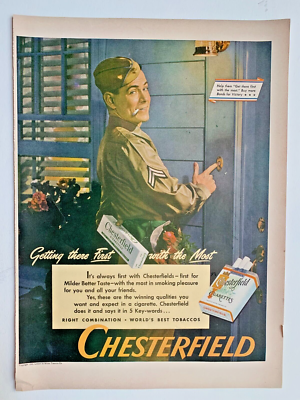 cigarettes to your door 1944 Chesterfield Cigarettes Print Ad WWII Army Corporal Ringing Door Bell