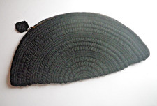 VINTAGE 30s 40s Large 18" Semi Circle Black Crochet Purse Clutch Bag Corde Style