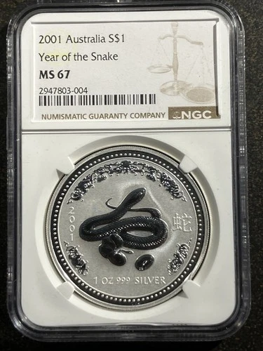 2001 Australia S $1 Year of The Snake NGC MS 67 1 Troy Oz Silver