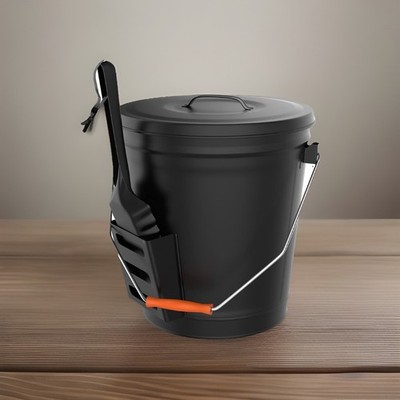 4.75 Gallon Metal Ash Bucket with Lid & Shovel Black Fireplace Tool Pure Garden