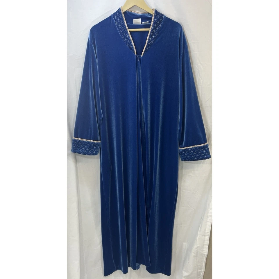 Abrigo de casa Adonna bordado de terciopelo azul dorado con cremallera para mujer talla grande Foto 3 de 4