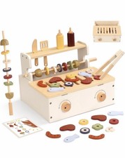 OOOK Wood Kids BBQ Grill Playset Play Barbecue Toy Grill with 25 PCS Toy Food 3 