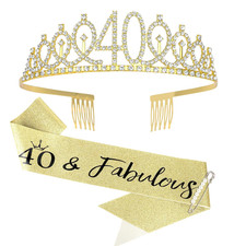 Gold 40Th Birthday Crown 40 Fabulous Sash Pearl Pin Set, Tiara for Mom'S 4