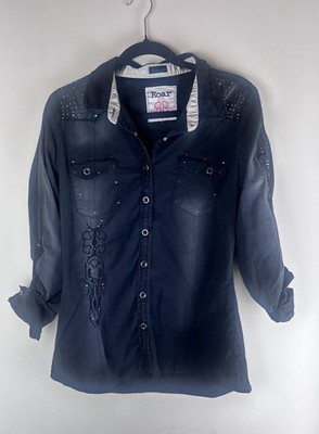 Roar Shirt Womens Medium Embellished Goth Acid Button Black Large Embroidered
