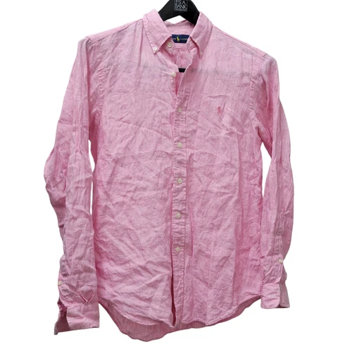 Ralph Lauren Men's Pink Linen Long-Sleeves Shirt Pink Logo Size Medium Excellent - Picture 1 of 7