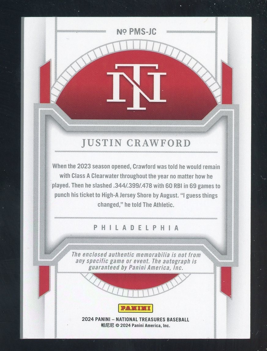 Justin Crawford 2024 National Treasures Baseball 3 Color Patch On-Card Auto /99 view 2