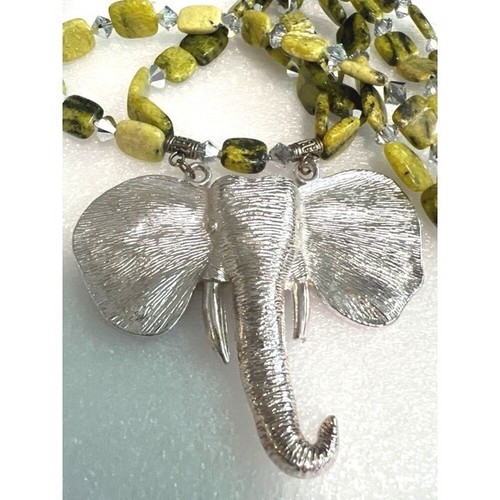 Artisan Chunky Figural Elephant Necklace Natural Serpentine Jasper Beads Signed