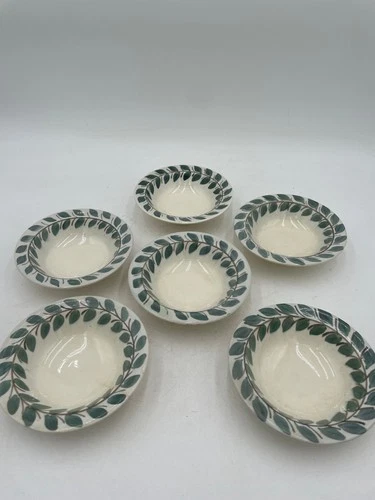 Vintage Red Wing Ardennes Hand Painted Bowls Set Of 6 Green Leaf Design 5.5"