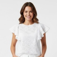 Nanette Lepore Women Shirt L White Eyelet Flutter Sleeve Top Boho Feminine Fairy