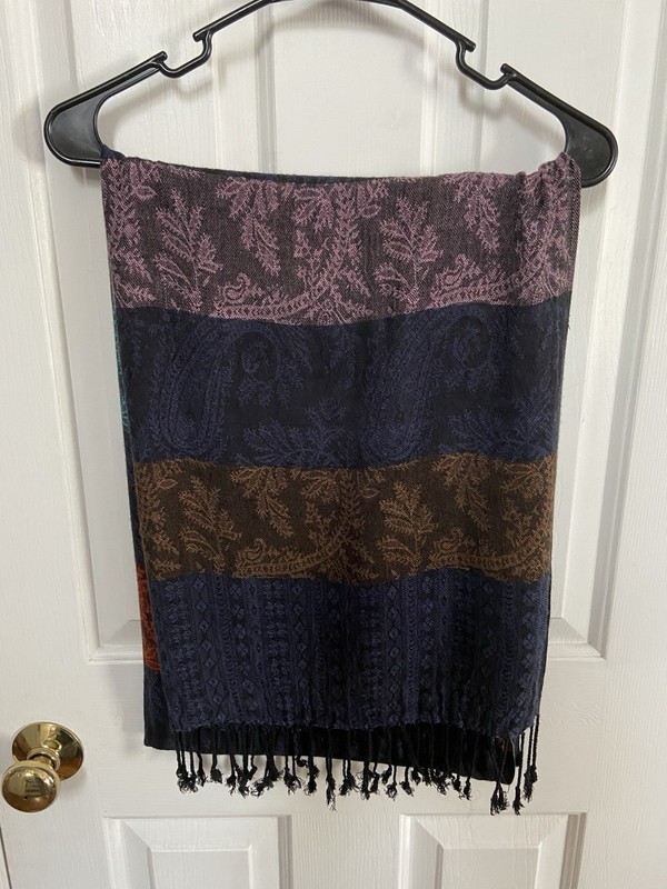 Boho Paisley Pashmina Scarf Shawl Wrap Color Block Jewel Tone, Fringe Tassel.