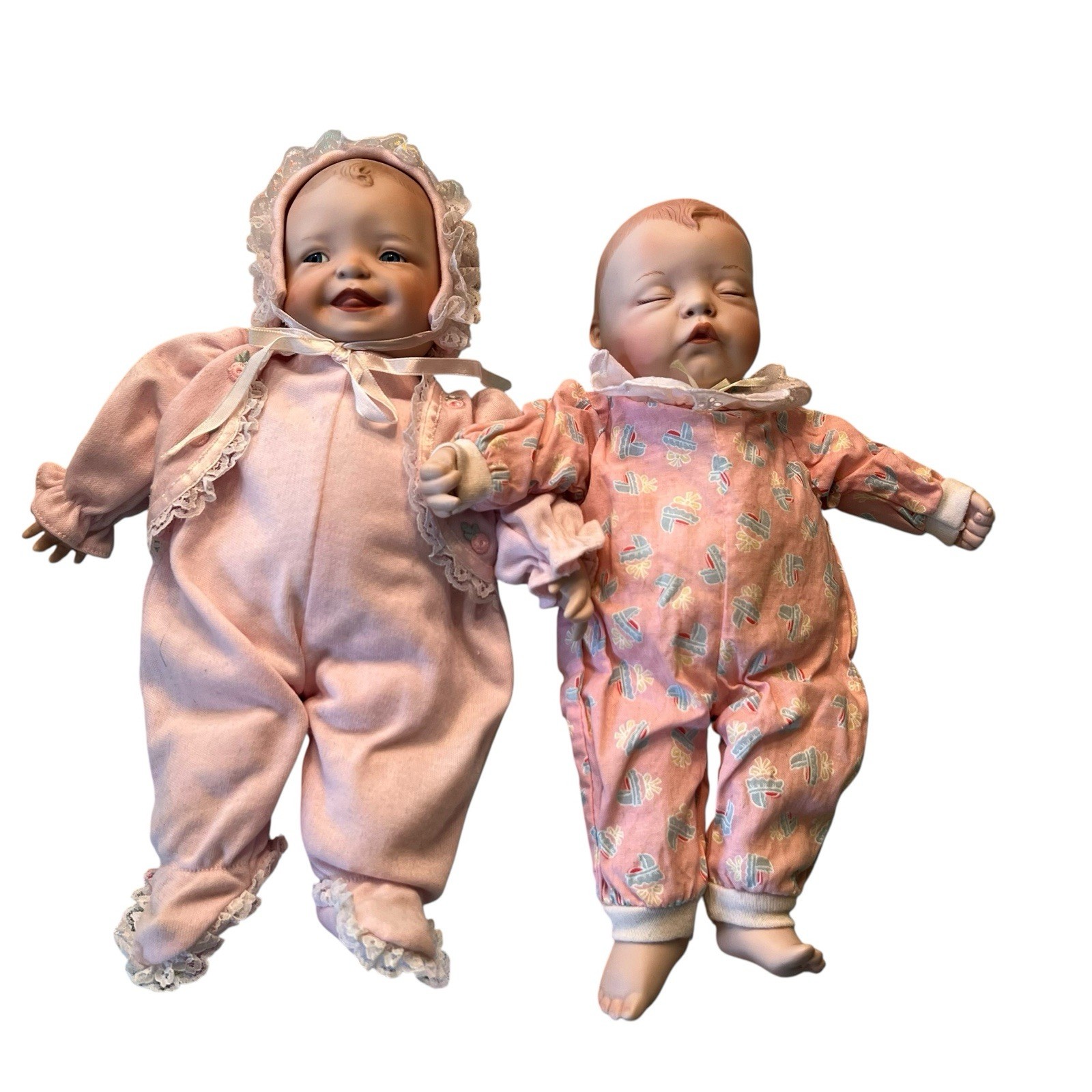 Vintage Camelot QVC Newborn Twin Dolls & Bassinet Ceramic Face Dressed in Pink