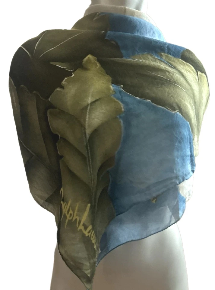 Bufanda de seda floral vintage Lauren Ralph Lauren tropical blanca hibisco azul dorado Foto 2 de 4