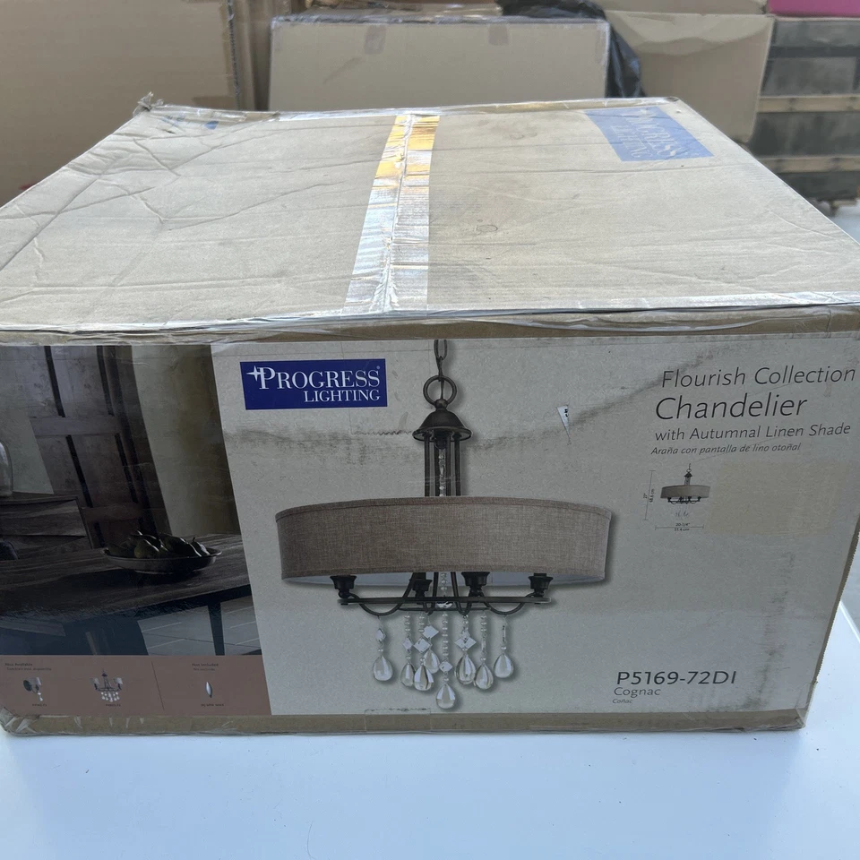 Lámpara de araña de tambor Progress Lighting Flourish de 4 luces de bronce y cristal P5169-72DI Foto 2 de 4