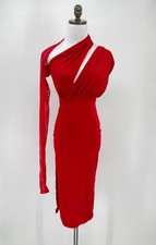 Bao Tranchi Red Wraparound Lined Mesh Single Sleeve Midi Sheath Dress
