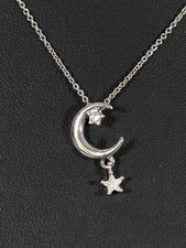 Silver Tone Rhinestone Crescent Moon Star Charm Necklace Dainty 18" Celestial