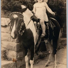 c1910s Cute Young Lady Girl Pony Horse Ride Real Photo Snapshot Outdoor Fun 8W