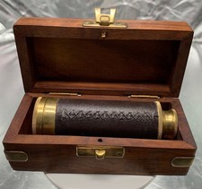 Antique Brass Leather Nautical Spyglass Telescope With Wooden Storage Box