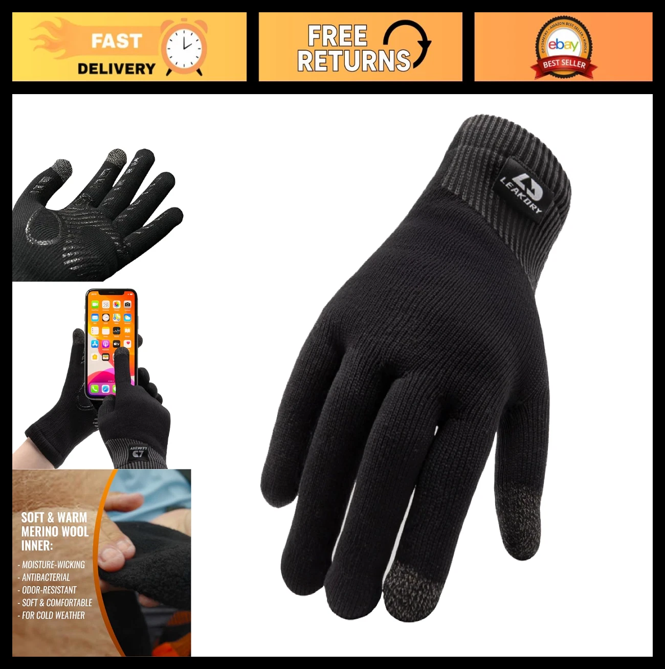 Waterproof Thermal Merino Wool Touchscreen Gloves - Windproof for Skiing & Work,
Opens in a new wind