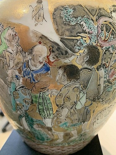 Large Antique Satsuma Jar. Outer & Inner Lids. Many Figures,Gold 9.75x8.8" - Picture 9 of 12