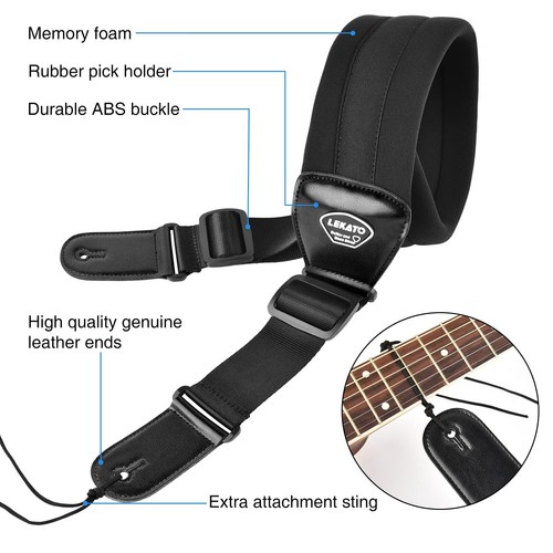 LEKATO LGS-2 Bass Electric Guitar Strap 3 inch Wide Holder Adjustable 6 Picks - Picture 4 of 12