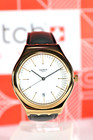 NEW Swatch Irony EDGY TIME Gold Steel Case Black Leather Unisex Watch YWG404 41M
