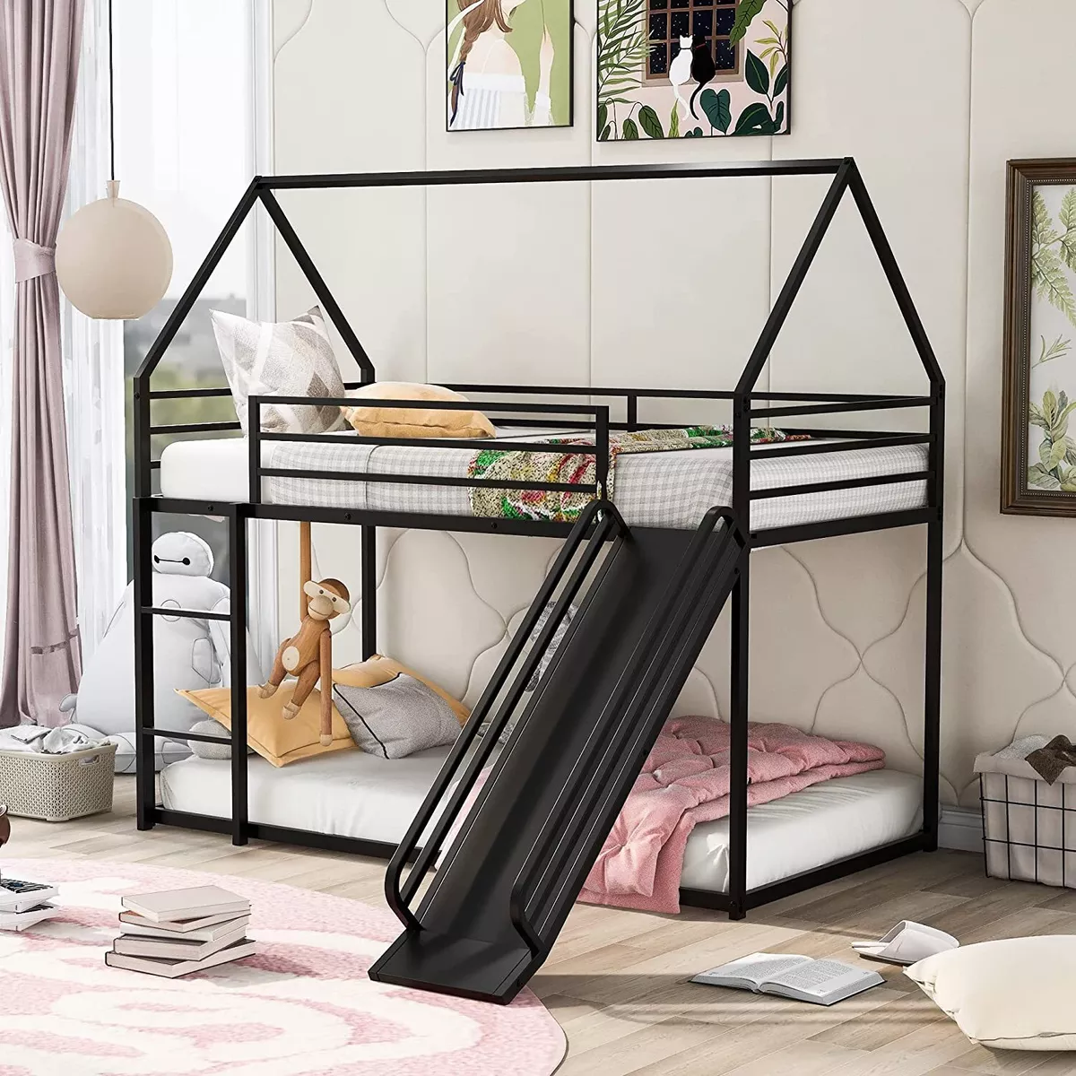 Heavy Duty Metal Low Bunk Bed with Roof House Bed with Slide