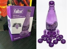 Fallout Nuka Cola Grape Purple Glass Bottle + 10 Caps Tin Rocket Statue Figure
