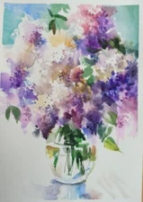 ORIGINAL Watercolor Painting Lilac Bouquet Realism Flower Art 11/7.67 inch