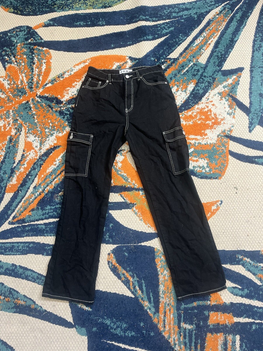 S.O.N.G. Cargo Jeans Pants Black White Contrast Stitching
