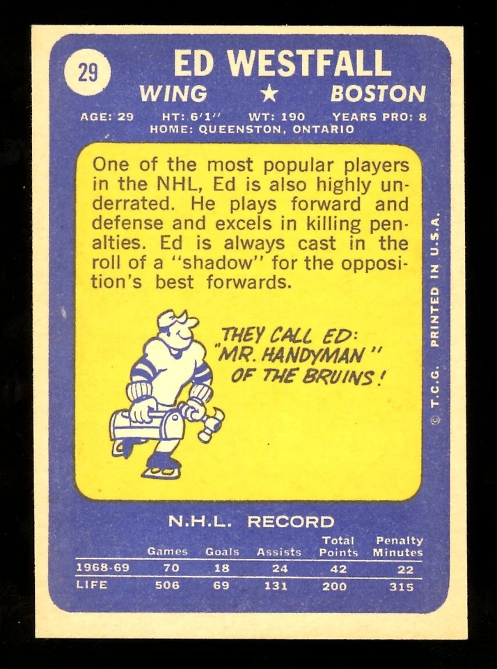 1969-70 TOPPS NHL HOCKEY #29 ED Westfall NM-MT BOSTON BRUINS Card - Image 2 of 2