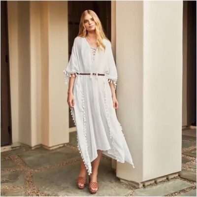 Walter Baker Cover Up One Size White Acapulco Kaftan Maxi Beach Dress  Tassels | eBay