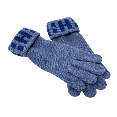 HERMES Vintage H Logo Gloves #S Knit Fashion Winter Accessory Blue