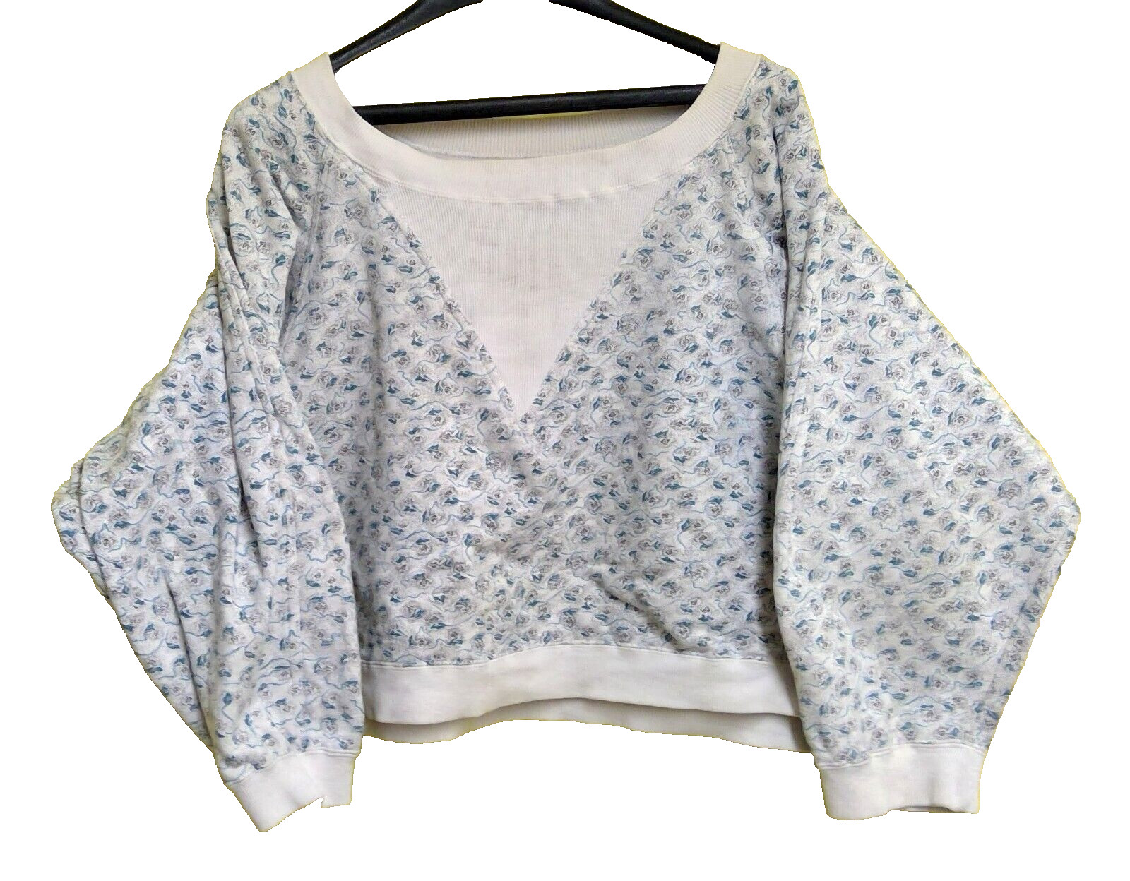 JAG Sweatshirt Oversize Cropped Women's Size S Gray Ribbed Neckline Green Floral