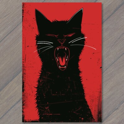 Art Print Black Cat Angry Weird Creepy Pet Unusual Cute Scary Strange Fun Fangs